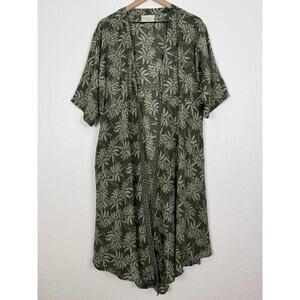 Kantha Bae Open Front Green Leaf Print Kimono Duster Lightweight Flowy Boho OS